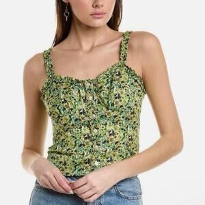 Favorite Daughter On A Break Tank Top Green Multi Floral Ruffle Button White XS